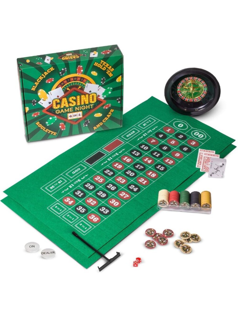 4-in-1 Casino Game Set: Blackjack, Roulette, Craps & Texas Hold'em with Chips